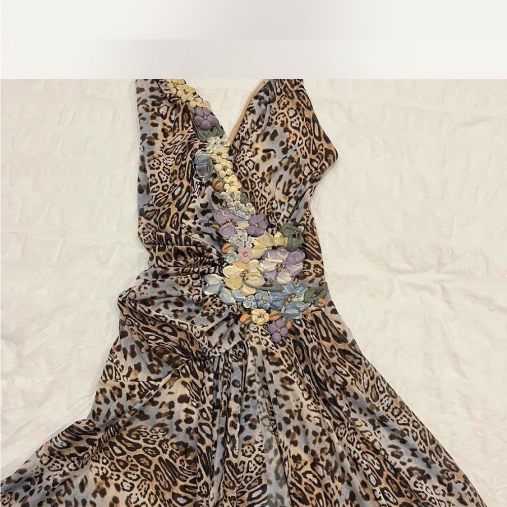 Ema Savahl Leopard Print V-Neck Dress with Floral Accents vintage